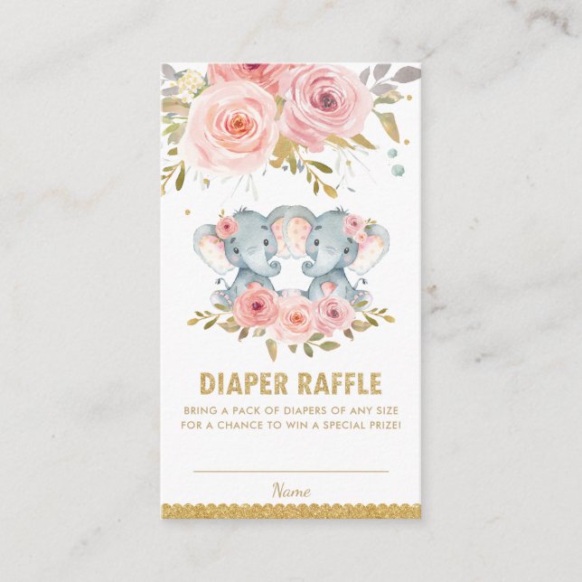 Elephant Twin Girls Baby Shower Diaper Raffle Enclosure Card (Front)