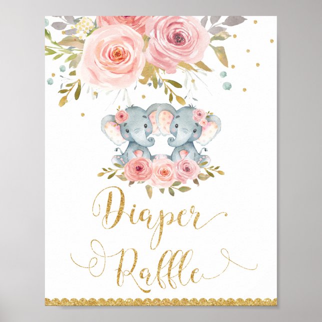 Elephant Twin Girls Baby Shower Diaper Raffle Sign (Front)