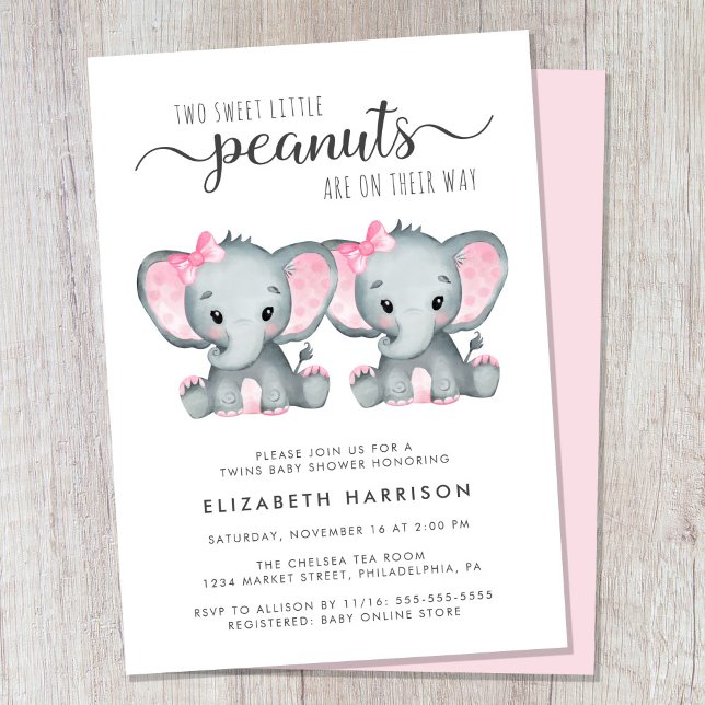 Elephant Twin Girls Baby Shower Invitation (Cute twin girls baby shower invitation)