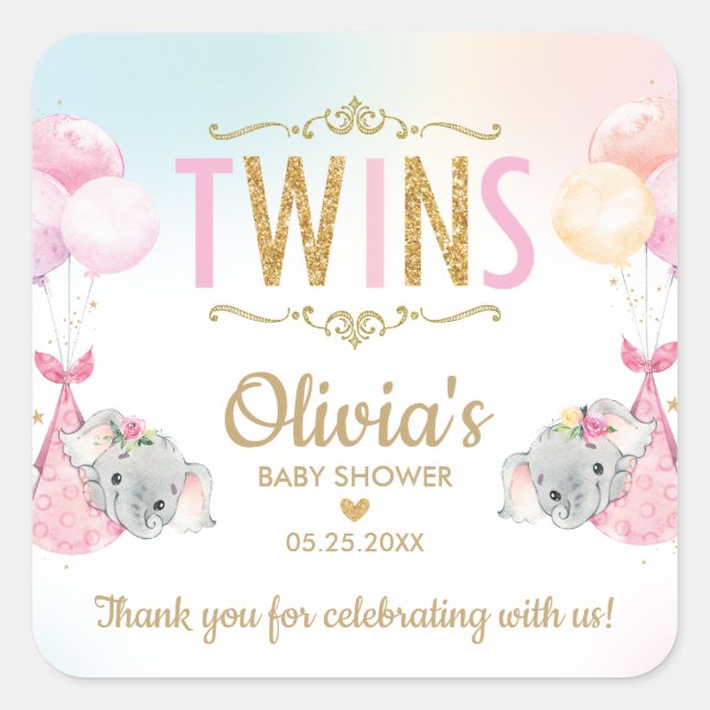 Elephant Twin Girls Baby Shower Thank You Favour Square Sticker (Front)