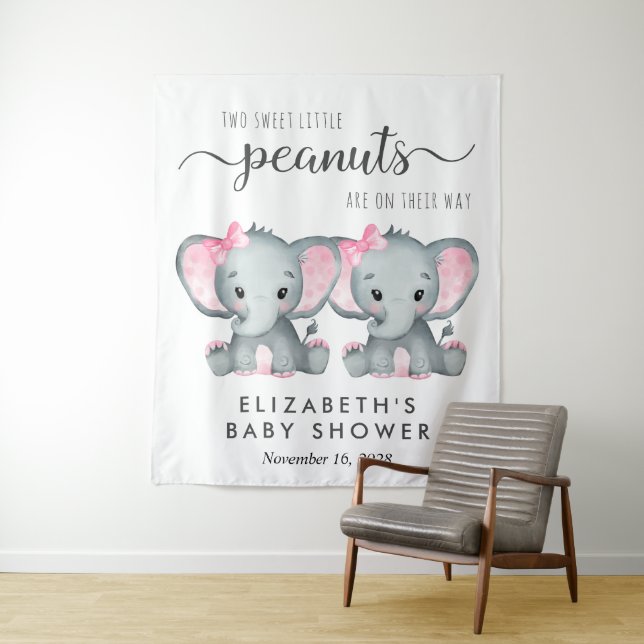 Elephant Twin Girls Baby Shower Welcome Tapestry (In Situ)