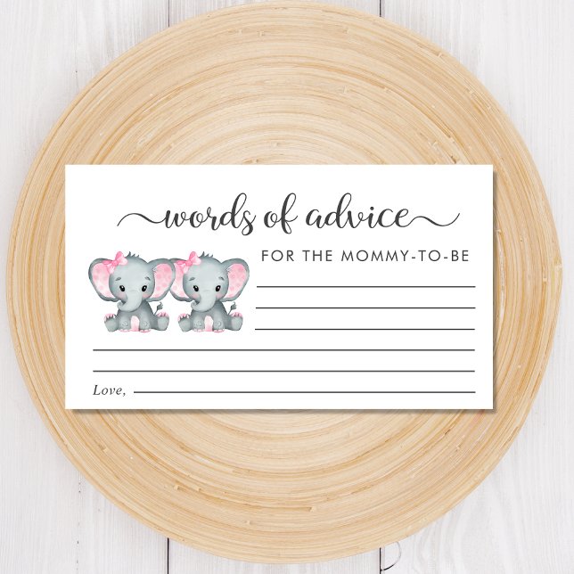 Elephant Twin Girls Baby Shower Words of Advice Enclosure Card (Creator Uploaded)