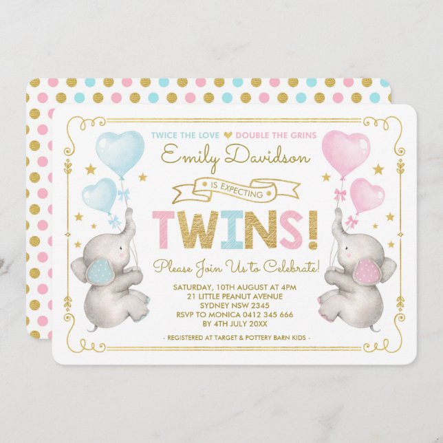 Elephant Twins Baby Shower Blue Pink Gold Boy Girl Invitation (Front/Back)