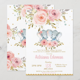 Elephant Twins Boy Girl Baby Shower Pink Floral Invitation