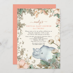 Elephant Twins Florals Coral Virtual Baby Shower Invitation
