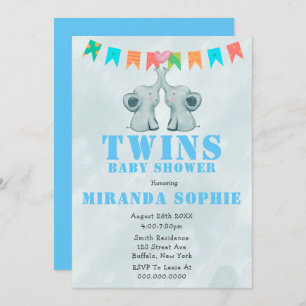 Elephant Twins Watercolor Baby Shower Invitations 