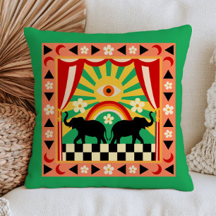 Elephant Under Rainbow Evil Eye Sun Funky Folk Art Cushion