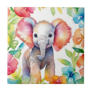 Elephant Vibrant Watercolor Ceramic Tile