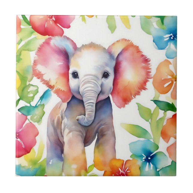 Elephant Vibrant Watercolor Ceramic Tile (Front)