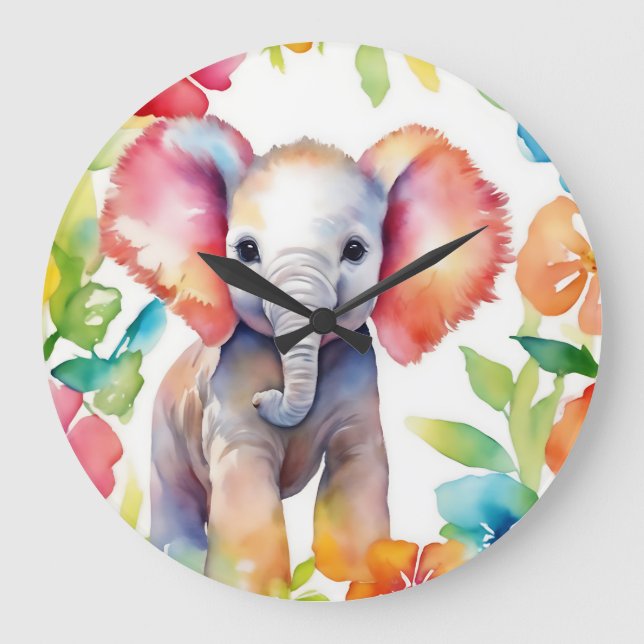 Elephant Vibrant Watercolor Large Clock (Front)