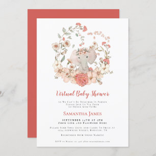 Elephant Vintage Foliage Coral Virtual Baby Shower Invitation