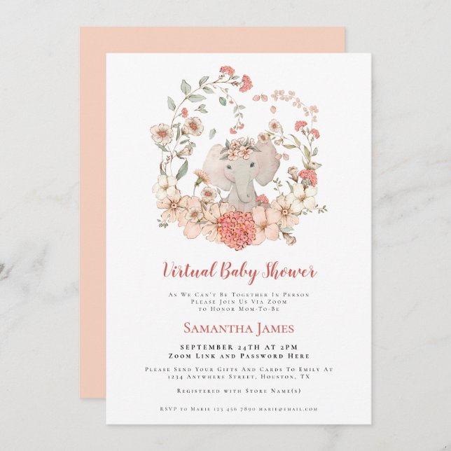 Elephant Vintage Foliage Peach Virtual Baby Shower Invitation (Front/Back)