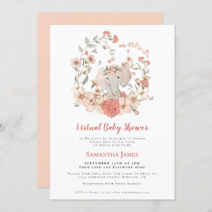 Elephant Vintage Foliage Peach Virtual Baby Shower Invitation