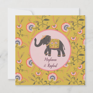 Elephant Vintage Yellow Pattern Indian Wedding Invitation