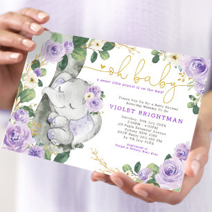 Elephant Violet Purple Floral Garden Baby Shower Invitation
