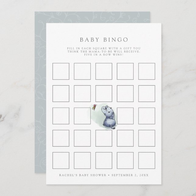 Elephant w butterfly baby shower bingo game card (Front/Back)