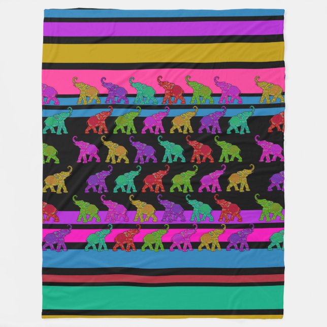 Elephant Walk & Stripes Pattern + your ideas Fleece Blanket (Front)