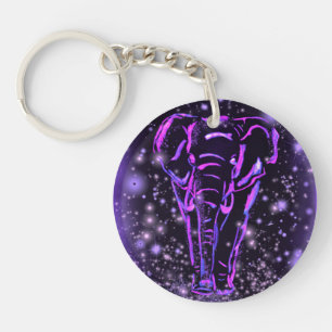 Elephant Walking At Night Keychain Purple Pink