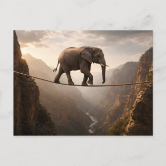 Elephant walks on the rope art postcard