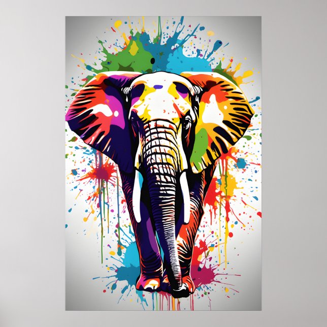 Elephant Wall Art, Animal Wildlife Splatter Art Poster (Front)