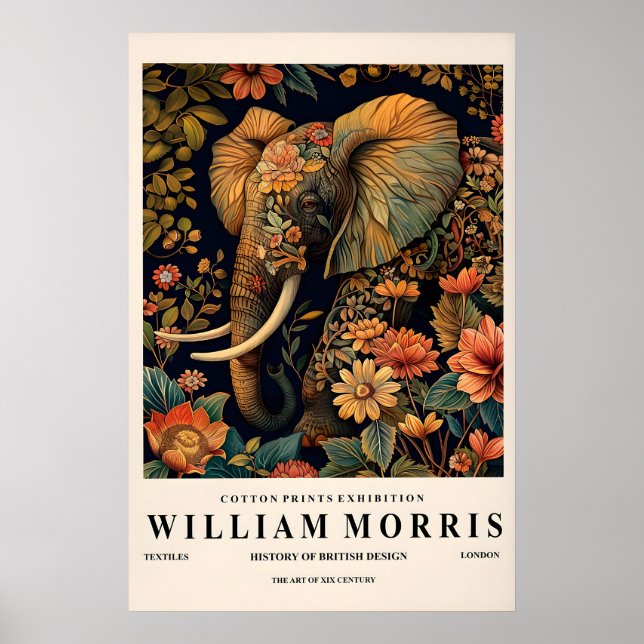 Elephant wall art, William Morris print, Dark Poster (Front)