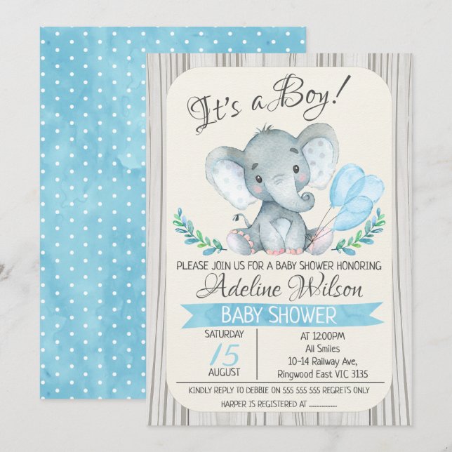 Elephant Watercolor Baby Shower Invitation (Front/Back)