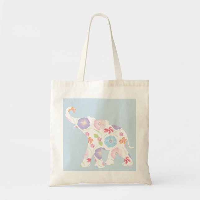 Elephant -Watercolor-Flowers Pattern Blue Unique Tote Bag (Front)