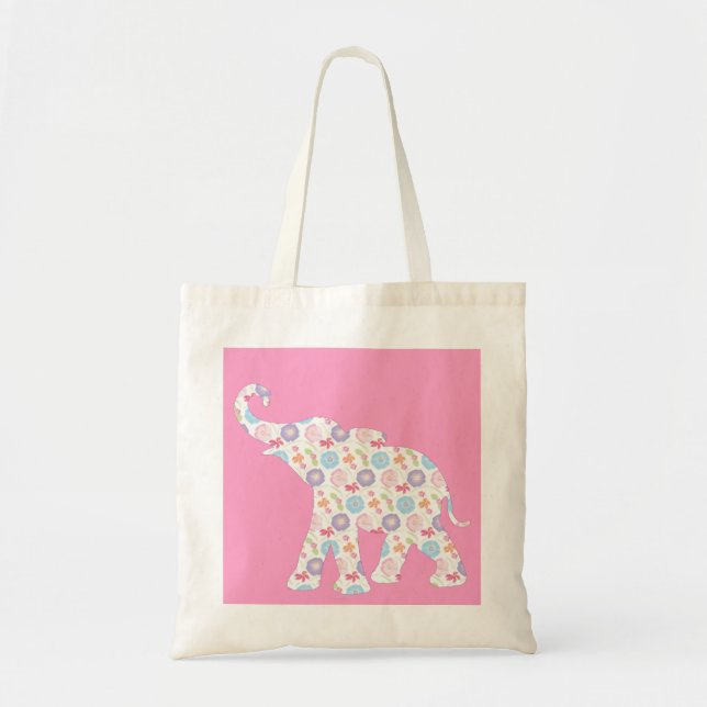 Elephant -Watercolor-Flowers Pattern Pink Unique Tote Bag (Front)