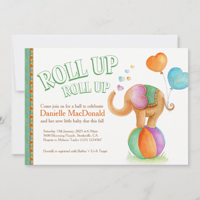 Elephant watercolor green brown baby shower invitation (Front)