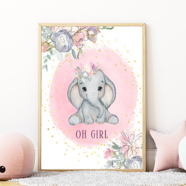 Elephant Watercolor Pink Floral Baby Girl Nursery Poster (Creator Uploaded)