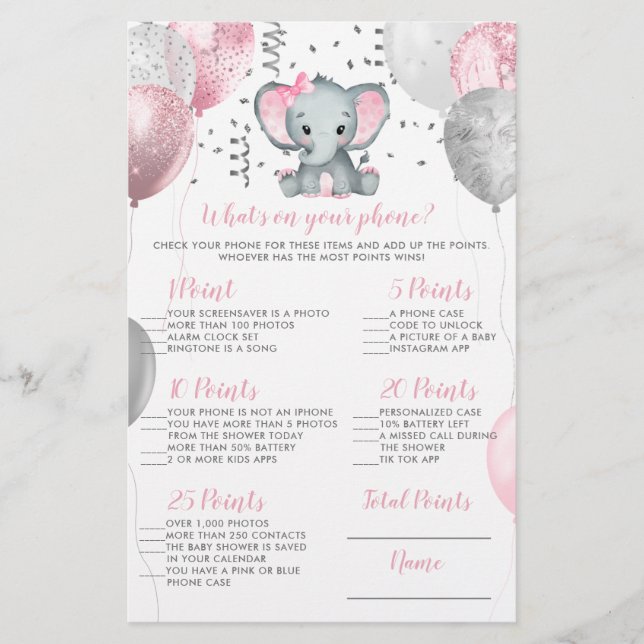 Elephant What's on your Phone Baby Shower Game (Front)