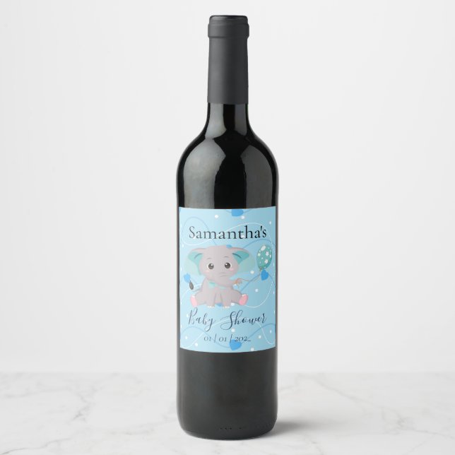 Elephant White Blue baby shower  Wine Label (Front)