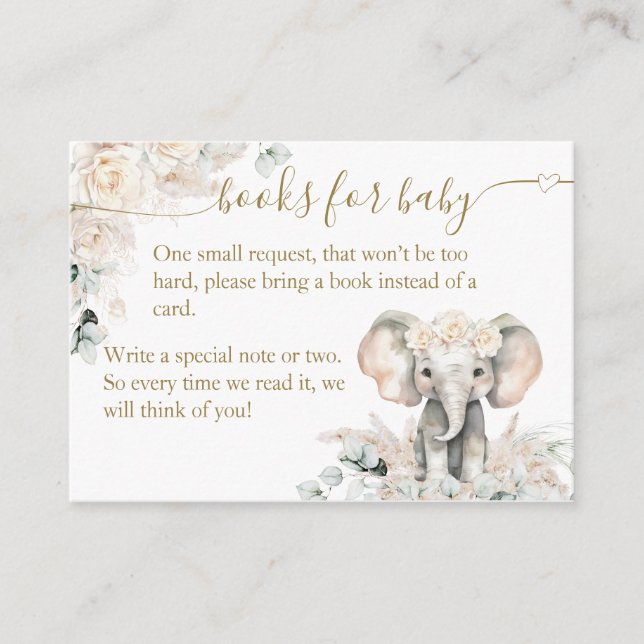 Elephant White Roses Boho Pampas Baby Girl Shower Enclosure Card (Front)