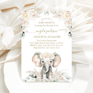 Elephant White Roses Boho Pampas Baby Girl Shower Invitation
