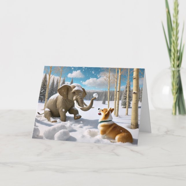  ELEPHANT WINTER - CORGI SNOWBALL FIGHT HOLIDAY CARD (Front)