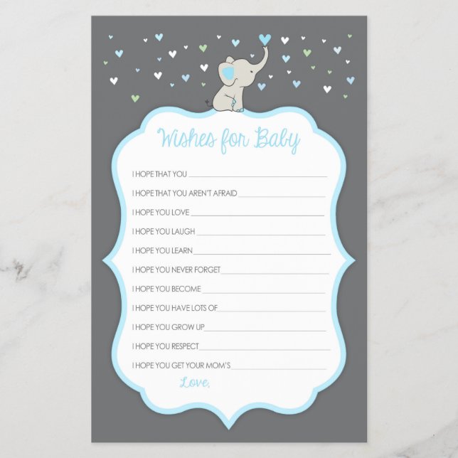 Elephant Wishes for Baby Cards, Baby Shower Game Flyer (Front)