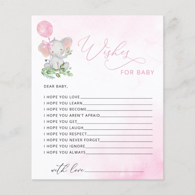 Elephant Wishes for Baby Shower Game Card (Front)
