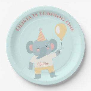 Elephant with a hat and a balloon birthday party paper plate