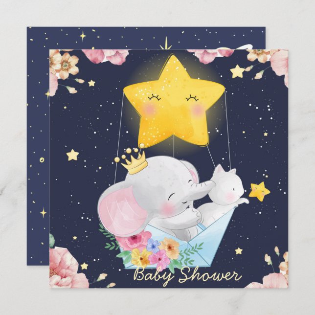 Elephant With A Kitten Baby Shower Invitation (Front/Back)