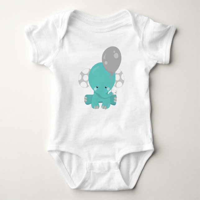 Elephant With Balloon, Blue Elephant, Cute Animal Baby Bodysuit (Front)