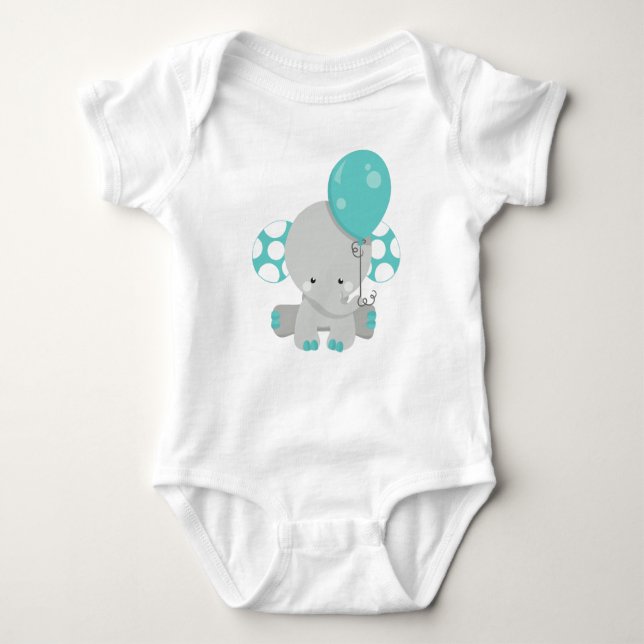 Elephant With Balloon, Cute Elephant - Blue Grey Baby Bodysuit (Front)
