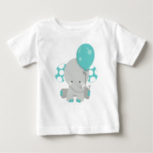 Elephant With Balloon, Cute Elephant - Blue Grey Baby T-Shirt