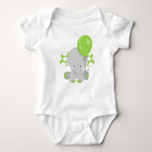Elephant With Balloon, Cute Elephant - Green Grey Baby Bodysuit