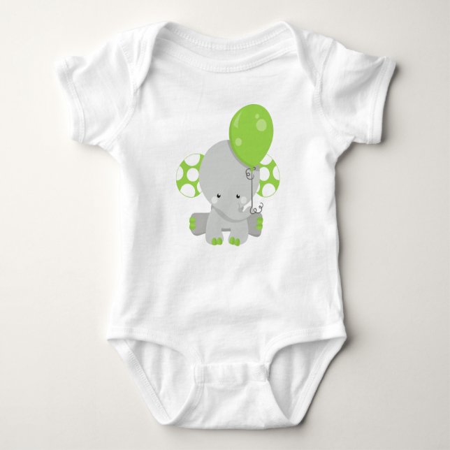 Elephant With Balloon, Cute Elephant - Green Grey Baby Bodysuit (Front)