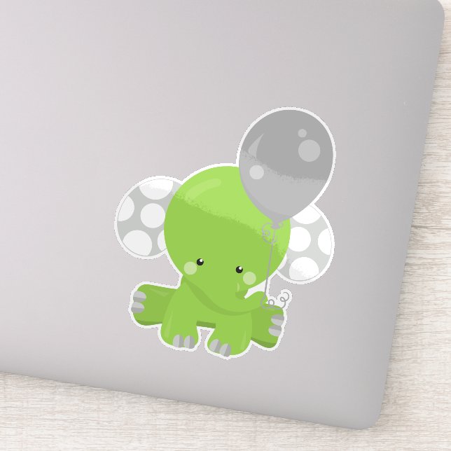 Elephant With Balloon, Green Elephant, Cute Animal (Detail)