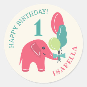 Elephant with Balloons Girls 1st Birthday Classic Round Sticker