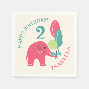Elephant with Balloons Girls 2nd Birthday Napkin
