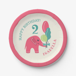 Elephant with Balloons Girls 2nd Birthday Paper Plate