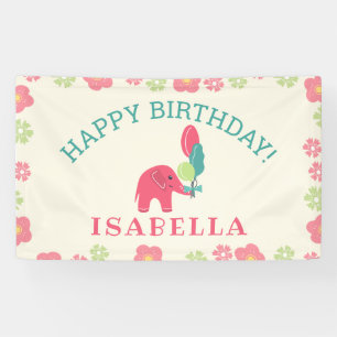 Elephant with Balloons Girls Birthday Banner
