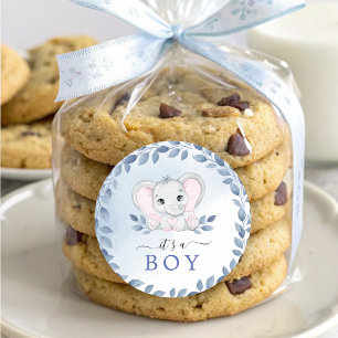 Elephant With Blue Anemones It's A Boy Baby Shower Classic Round Sticker